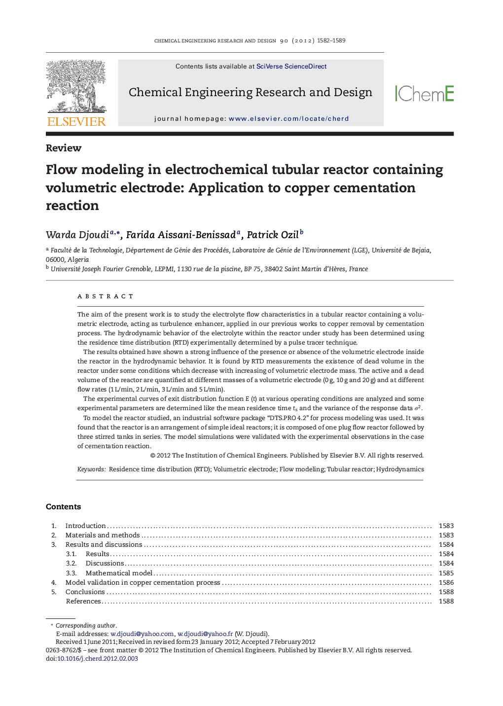 Flow modeling in electrochemical tubular reactor containing volumetric electrode: Application to copper cementation reaction