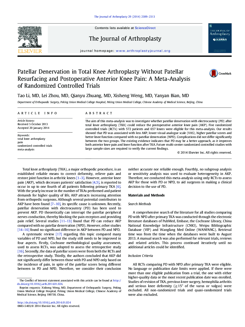 Patellar Denervation in Total Knee Arthroplasty Without Patellar Resurfacing and Postoperative Anterior Knee Pain: A Meta-Analysis of Randomized Controlled Trials