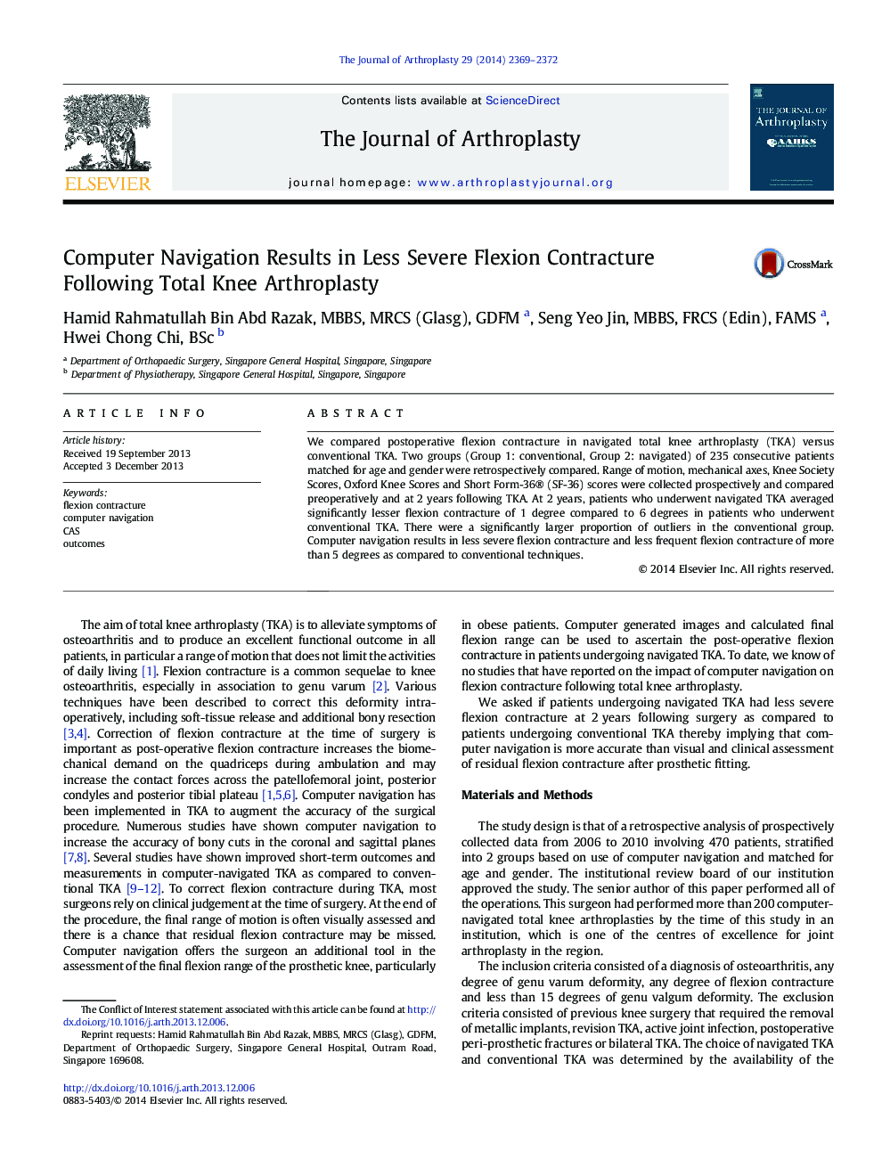 Computer Navigation Results in Less Severe Flexion Contracture Following Total Knee Arthroplasty