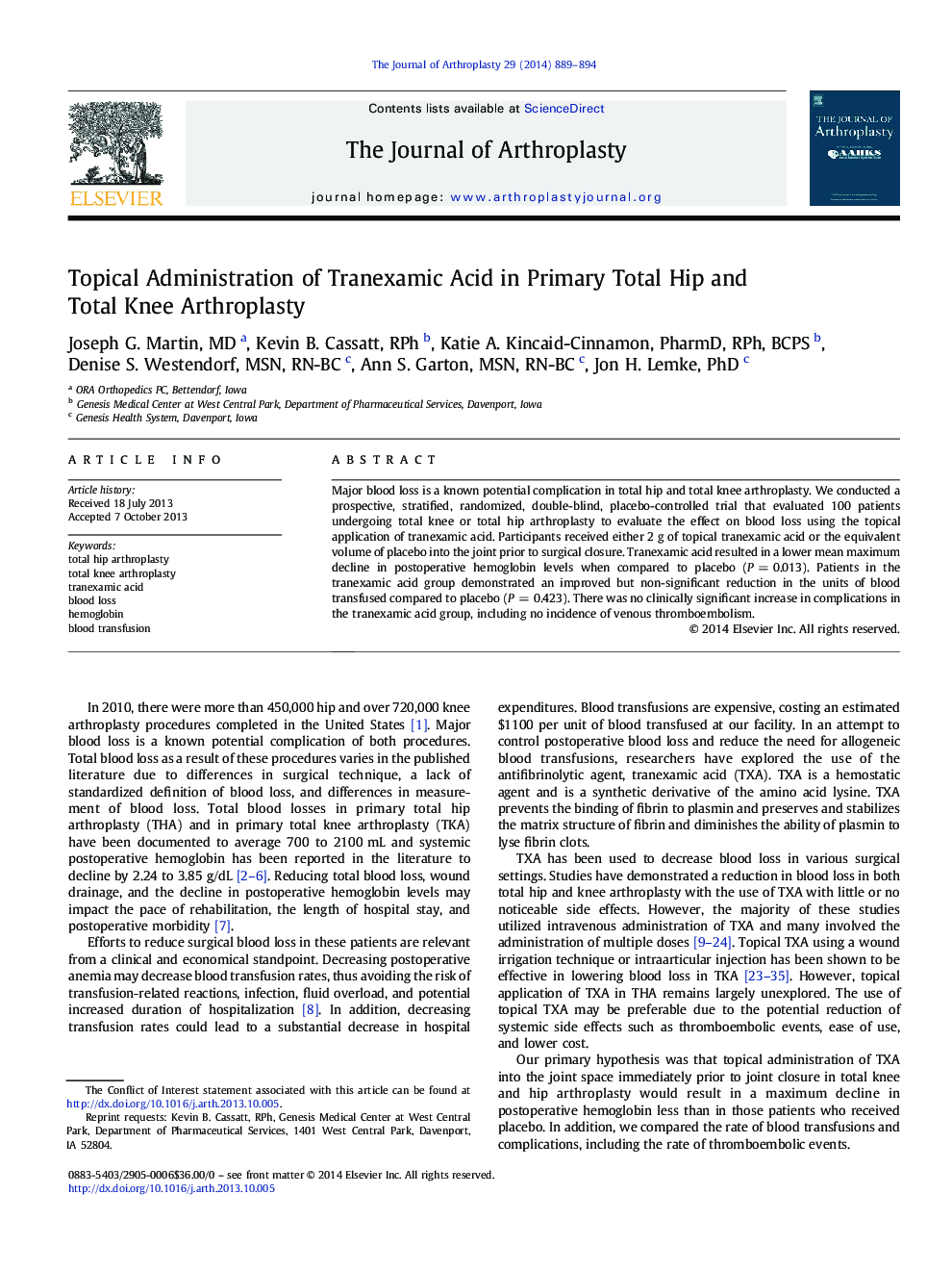 Topical Administration of Tranexamic Acid in Primary Total Hip and Total Knee Arthroplasty