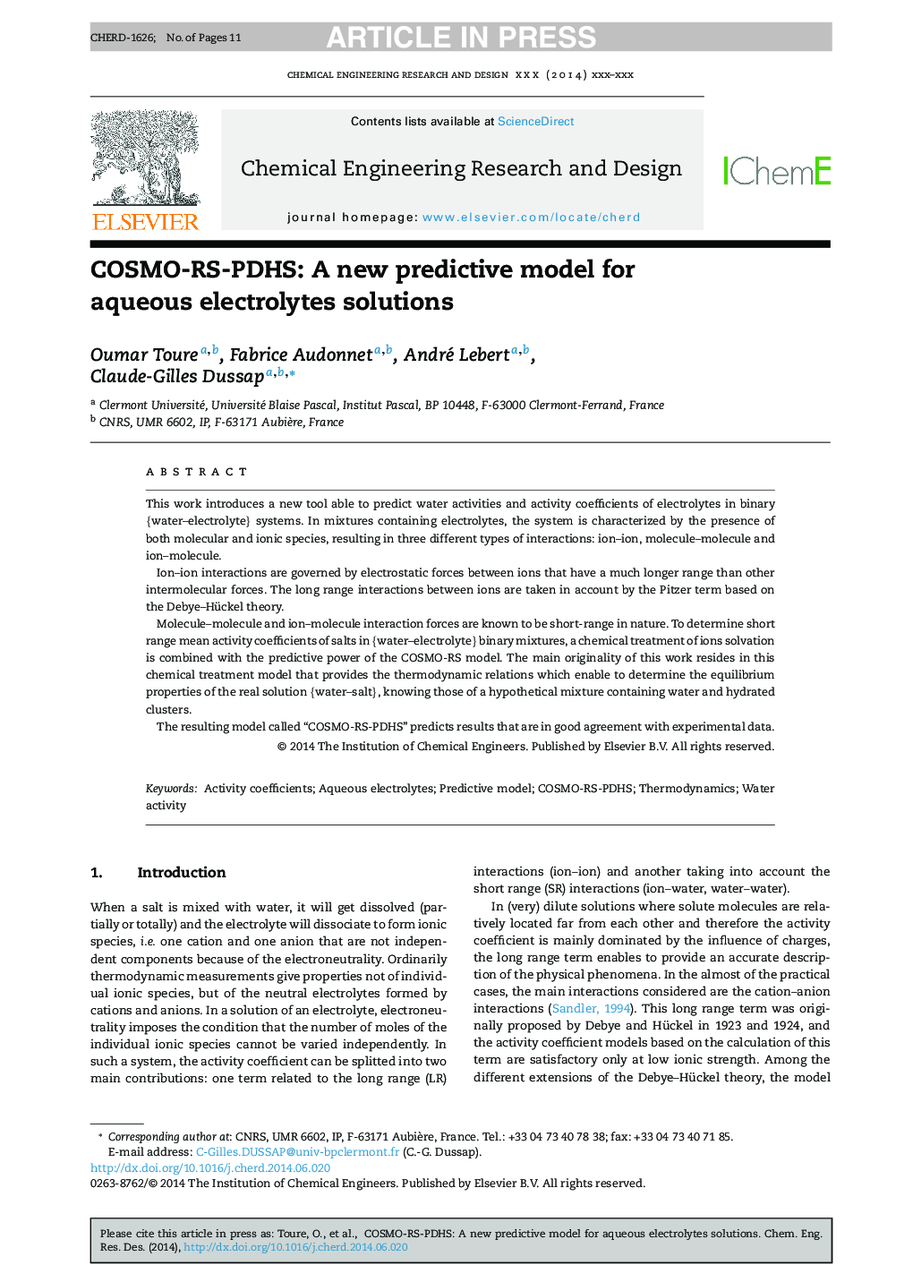 COSMO-RS-PDHS: A new predictive model for aqueous electrolytes solutions