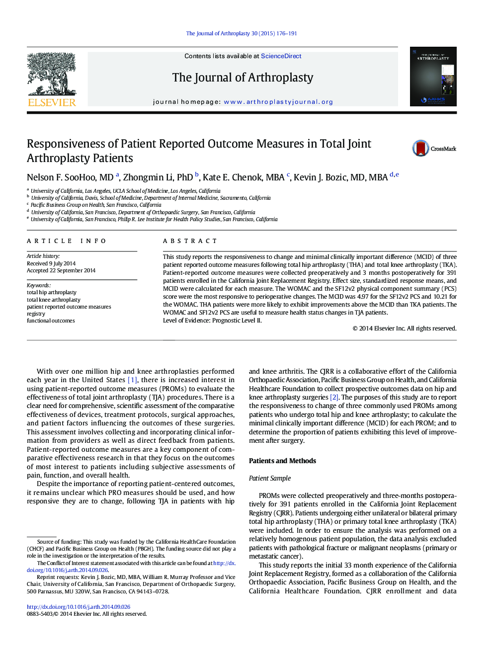 Responsiveness of Patient Reported Outcome Measures in Total Joint Arthroplasty Patients