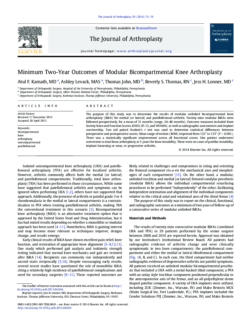 Minimum Two-Year Outcomes of Modular Bicompartmental Knee Arthroplasty