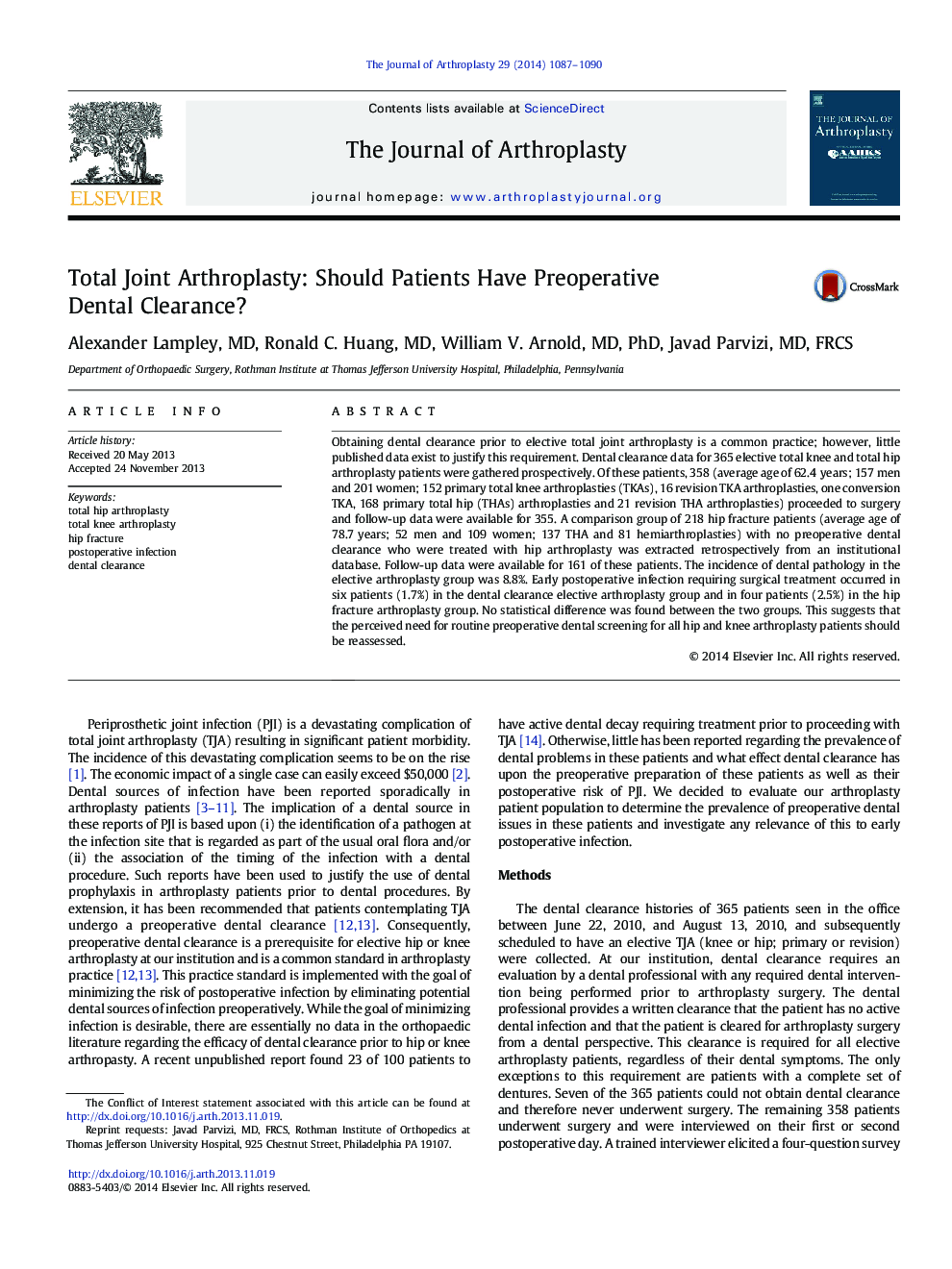 Total Joint Arthroplasty: Should Patients Have Preoperative Dental Clearance?
