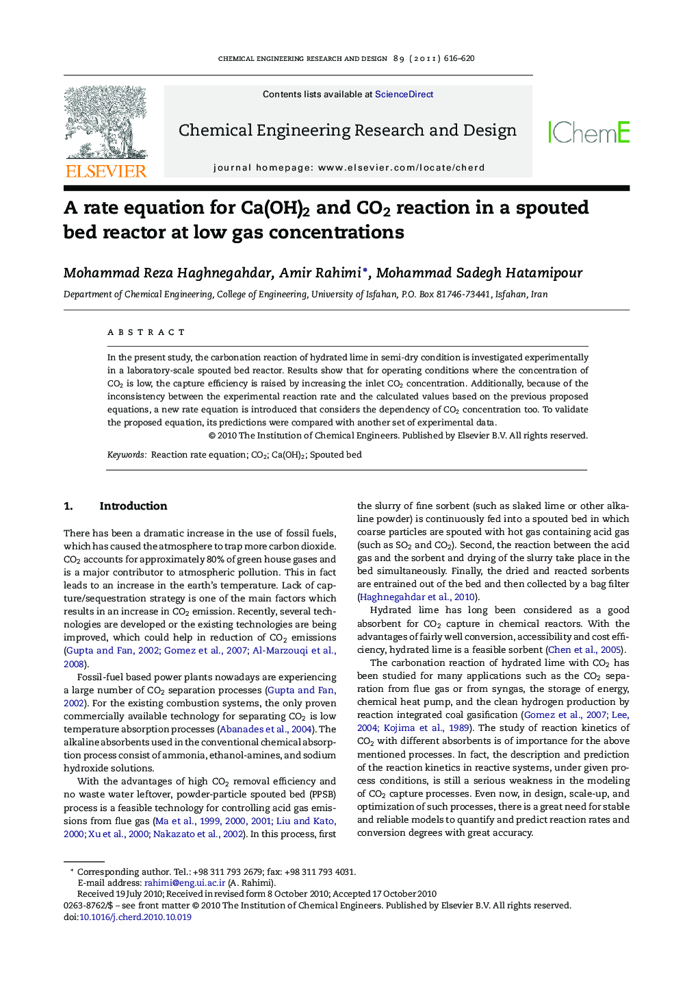 A rate equation for Ca(OH)2 and CO2 reaction in a spouted bed reactor at low gas concentrations
