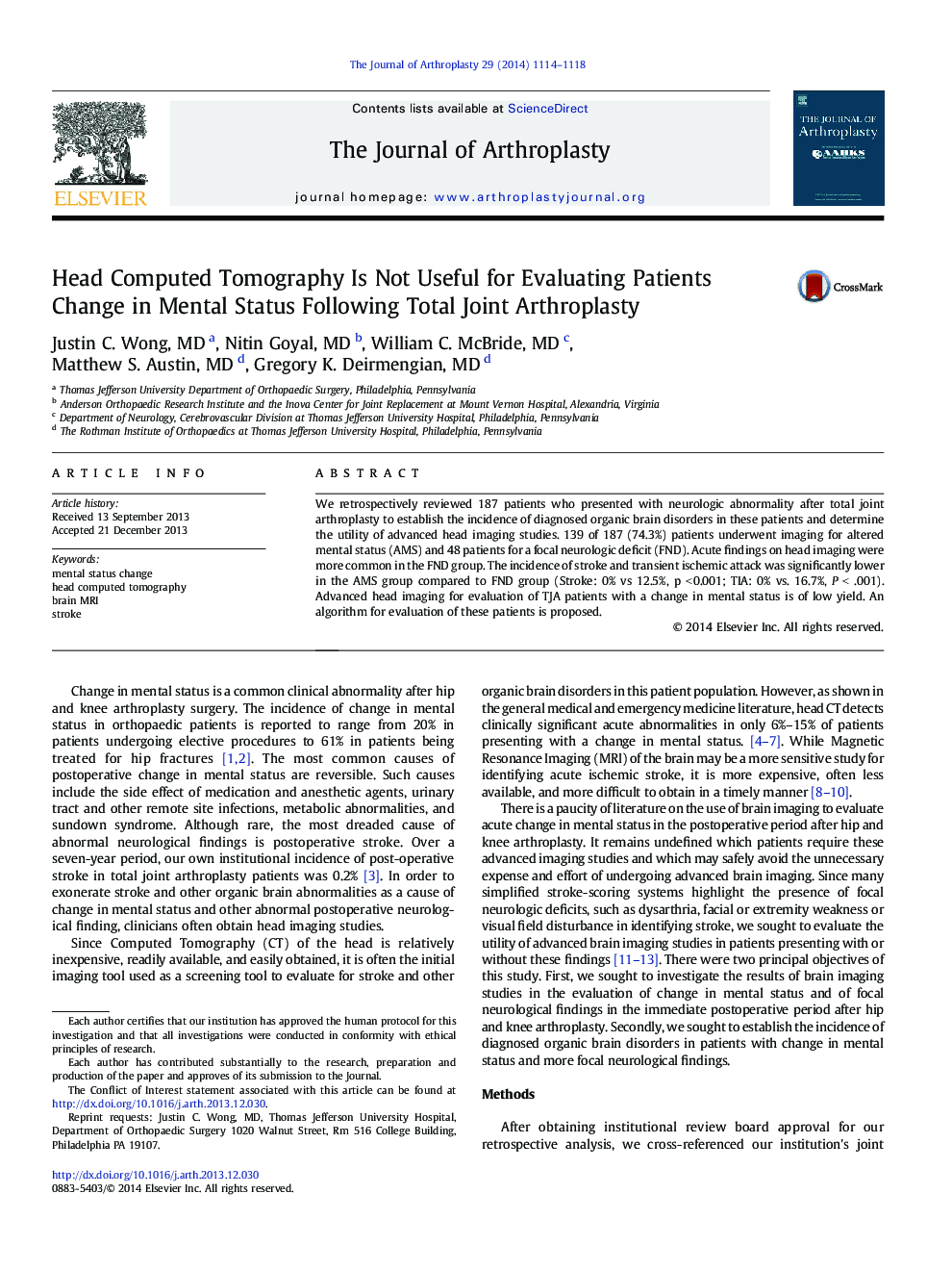 Head Computed Tomography Is Not Useful for Evaluating Patients Change in Mental Status Following Total Joint Arthroplasty