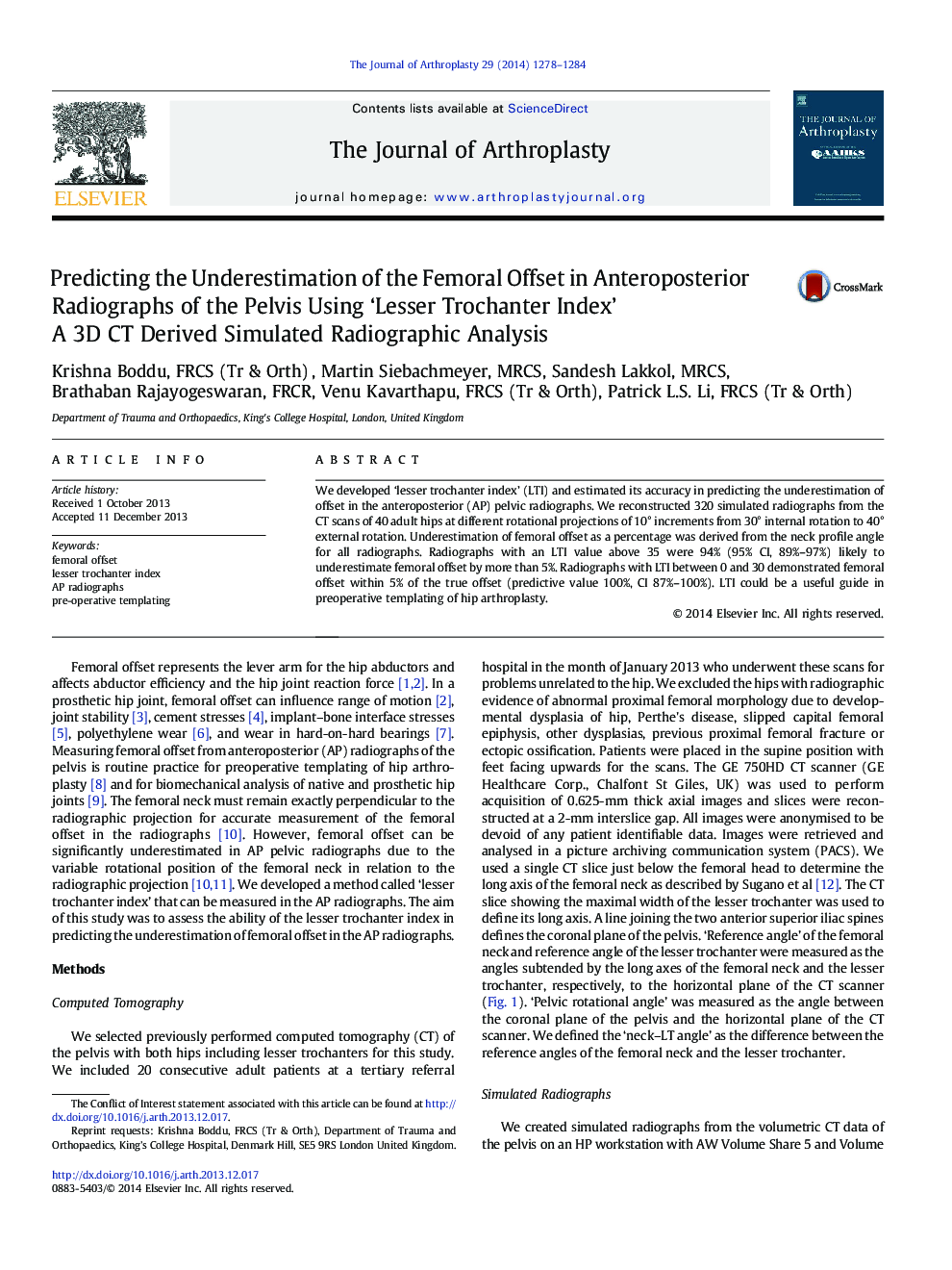 Predicting the Underestimation of the Femoral Offset in Anteroposterior Radiographs of the Pelvis Using 'Lesser Trochanter Index': A 3D CT Derived Simulated Radiographic Analysis