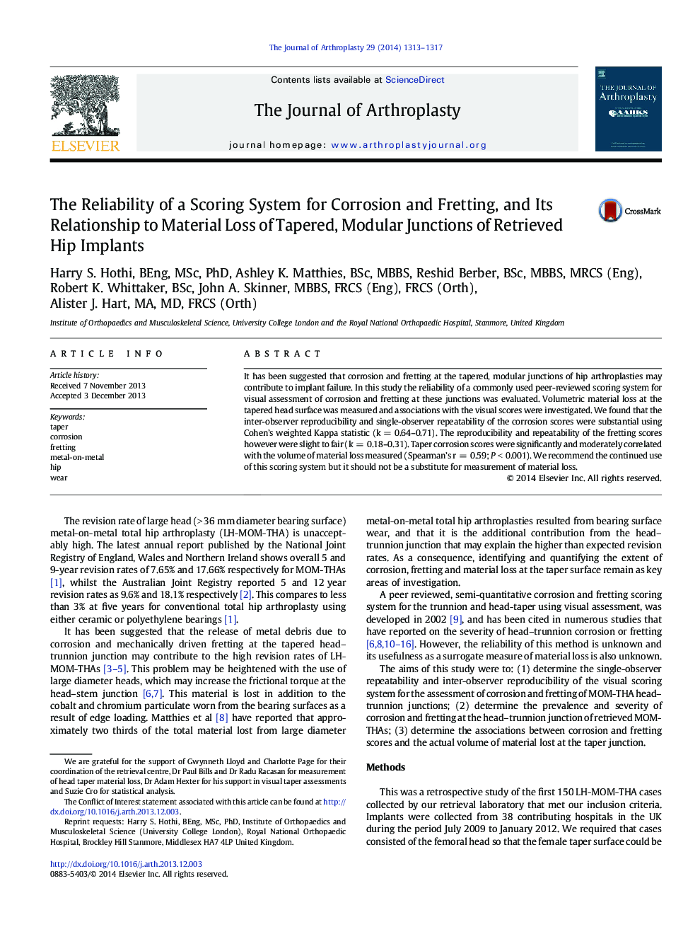 The Reliability of a Scoring System for Corrosion and Fretting, and Its Relationship to Material Loss of Tapered, Modular Junctions of Retrieved Hip Implants