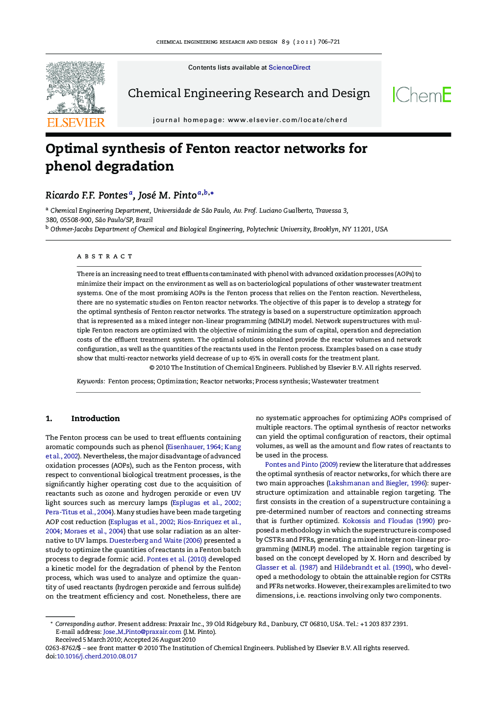 Optimal synthesis of Fenton reactor networks for phenol degradation
