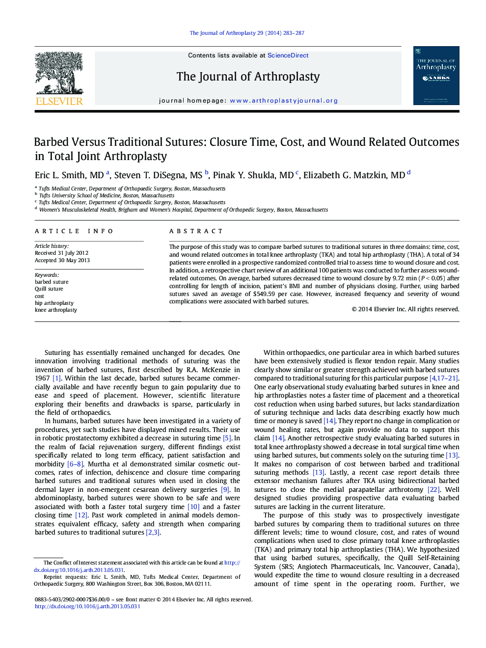 Barbed Versus Traditional Sutures: Closure Time, Cost, and Wound Related Outcomes in Total Joint Arthroplasty