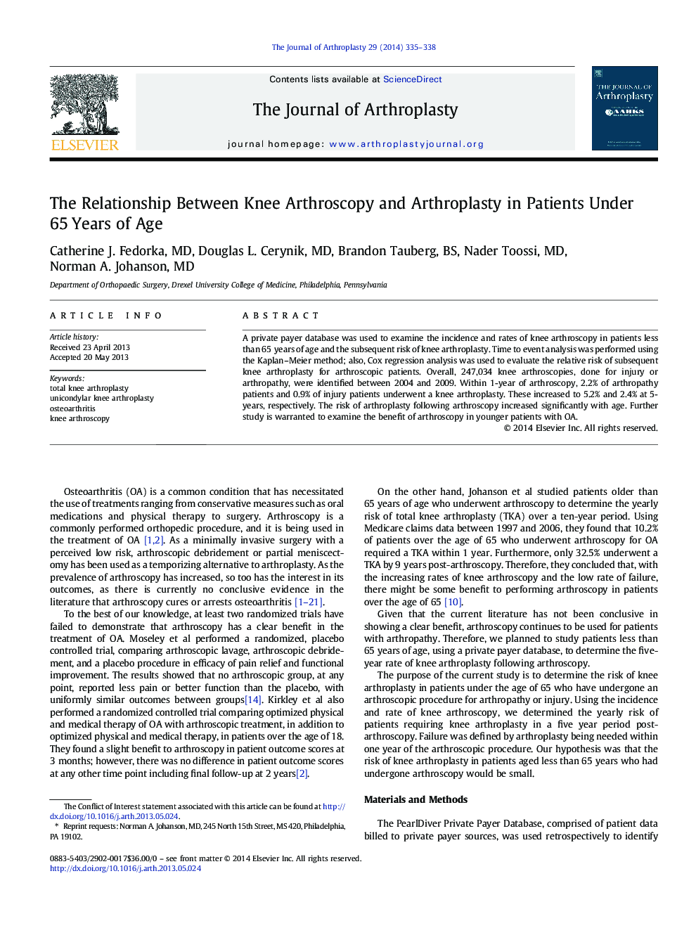 The Relationship Between Knee Arthroscopy and Arthroplasty in Patients Under 65 Years of Age