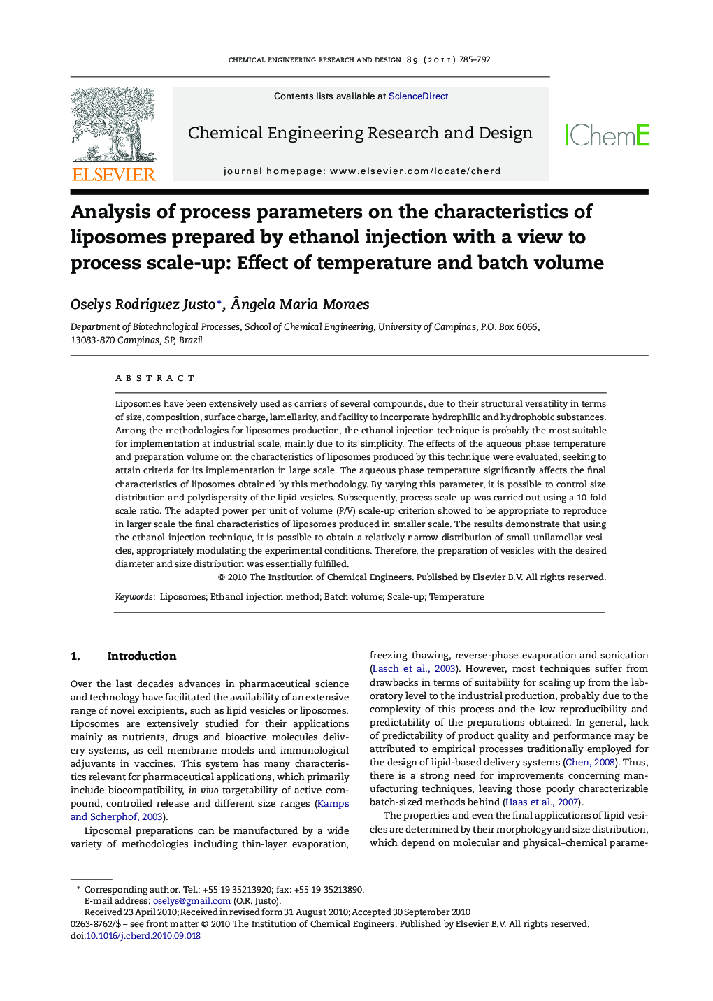 Analysis of process parameters on the characteristics of liposomes prepared by ethanol injection with a view to process scale-up: Effect of temperature and batch volume