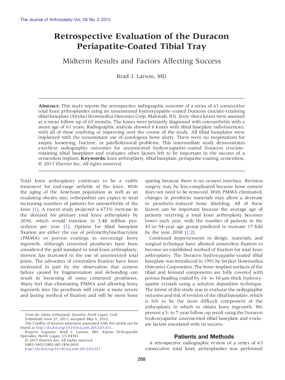 Retrospective Evaluation of the Duracon Periapatite-Coated Tibial Tray: Midterm Results and Factors Affecting Success