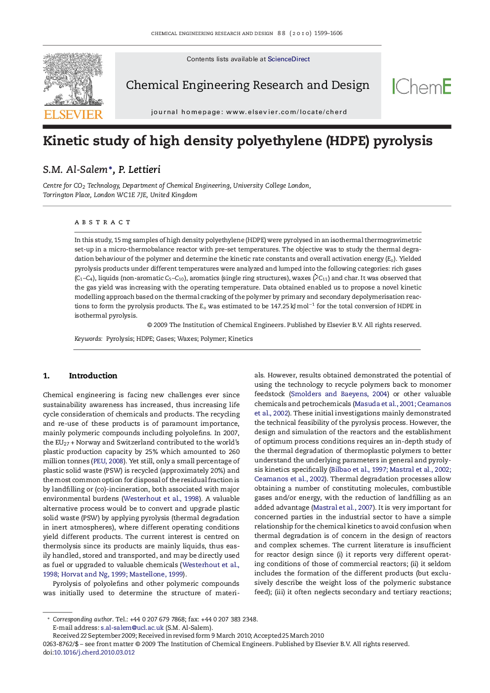 Kinetic study of high density polyethylene (HDPE) pyrolysis