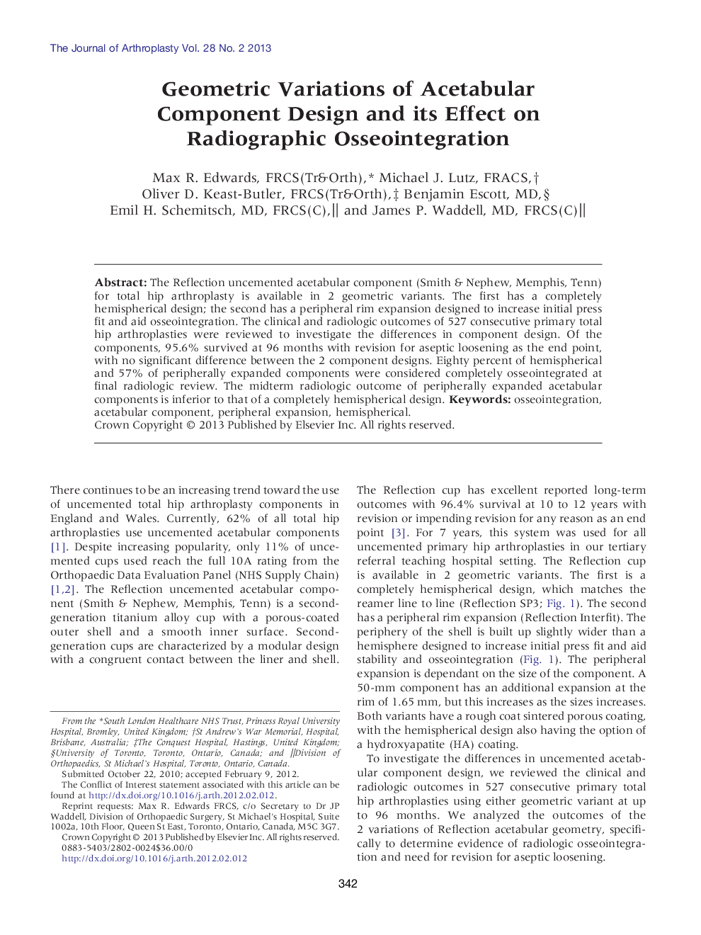 Geometric Variations of Acetabular Component Design and its Effect on Radiographic Osseointegration