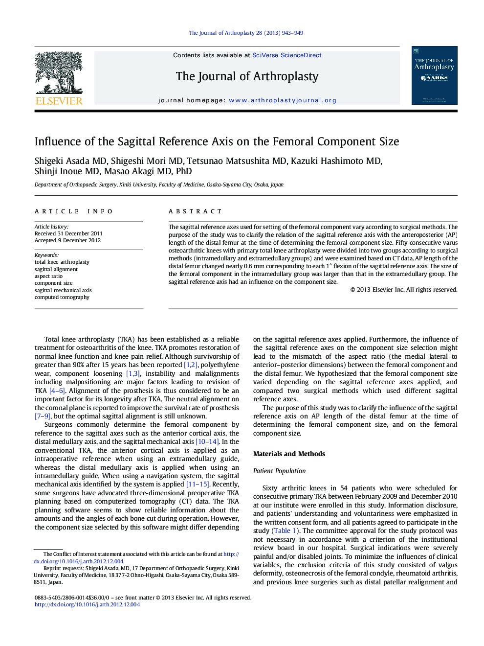 Influence of the Sagittal Reference Axis on the Femoral Component Size