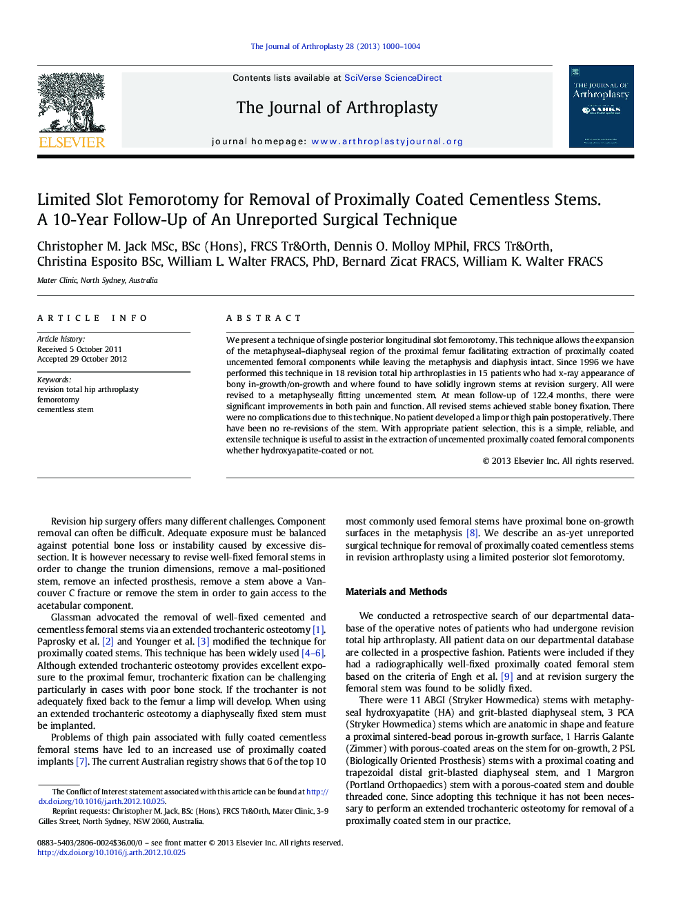 Limited Slot Femorotomy for Removal of Proximally Coated Cementless Stems. A 10-Year Follow-Up of An Unreported Surgical Technique