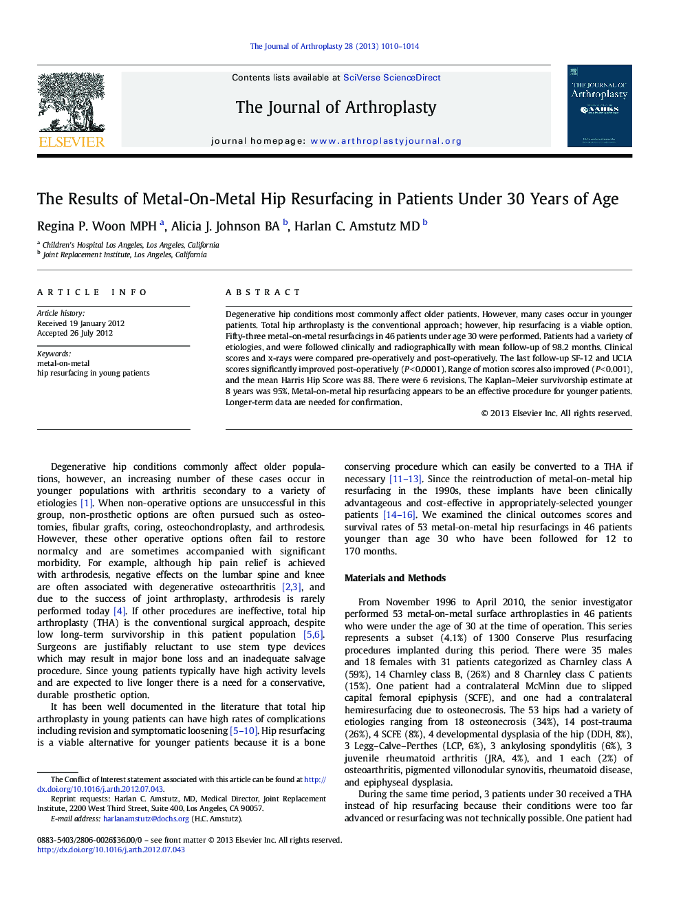 The Results of Metal-On-Metal Hip Resurfacing in Patients Under 30 Years of Age