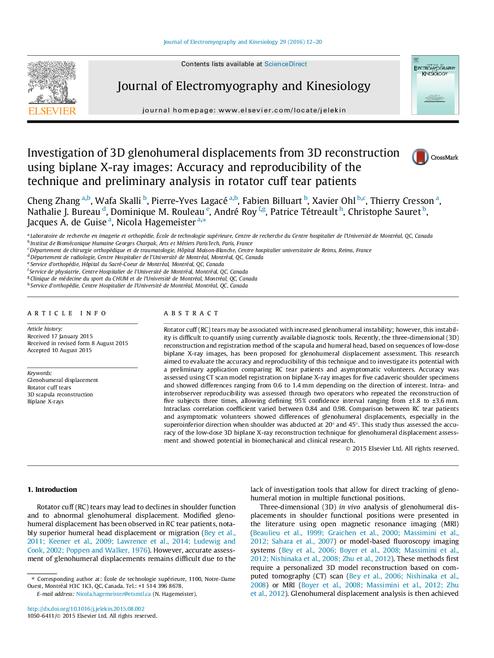 Investigation of 3D glenohumeral displacements from 3D reconstruction using biplane X-ray images: Accuracy and reproducibility of the technique and preliminary analysis in rotator cuff tear patients