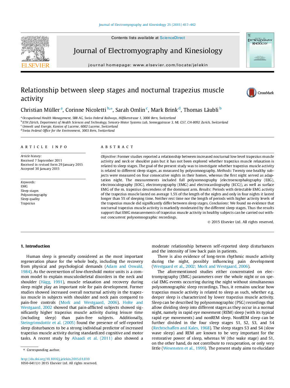 Relationship between sleep stages and nocturnal trapezius muscle activity