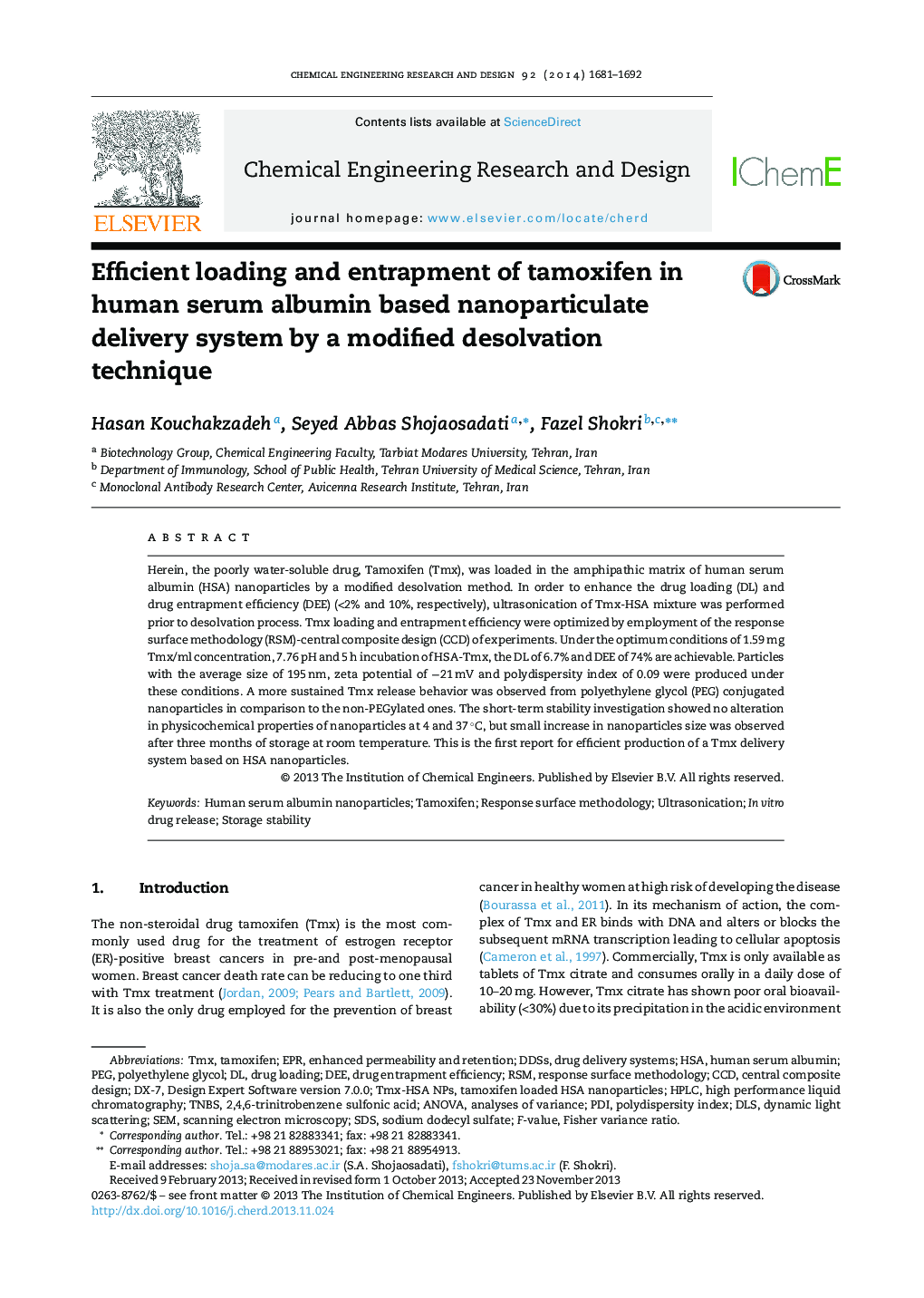 Efficient loading and entrapment of tamoxifen in human serum albumin based nanoparticulate delivery system by a modified desolvation technique