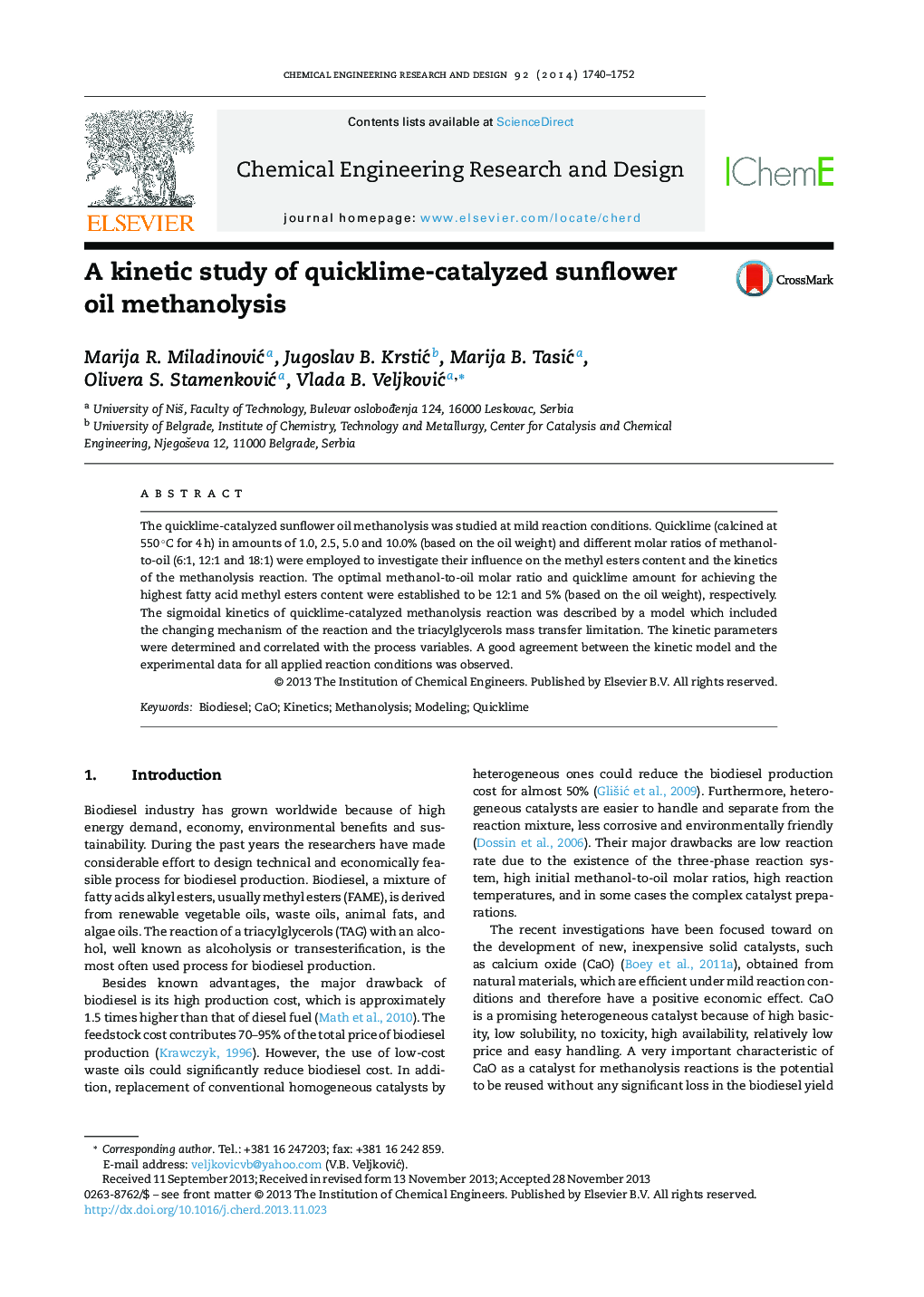 A kinetic study of quicklime-catalyzed sunflower oil methanolysis