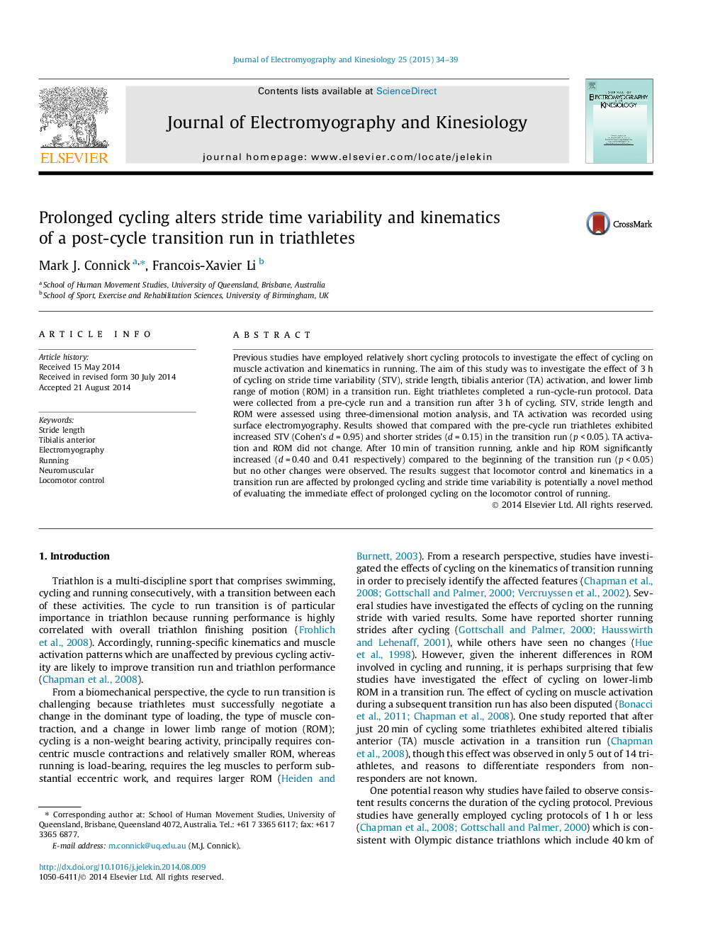 Prolonged cycling alters stride time variability and kinematics of a post-cycle transition run in triathletes