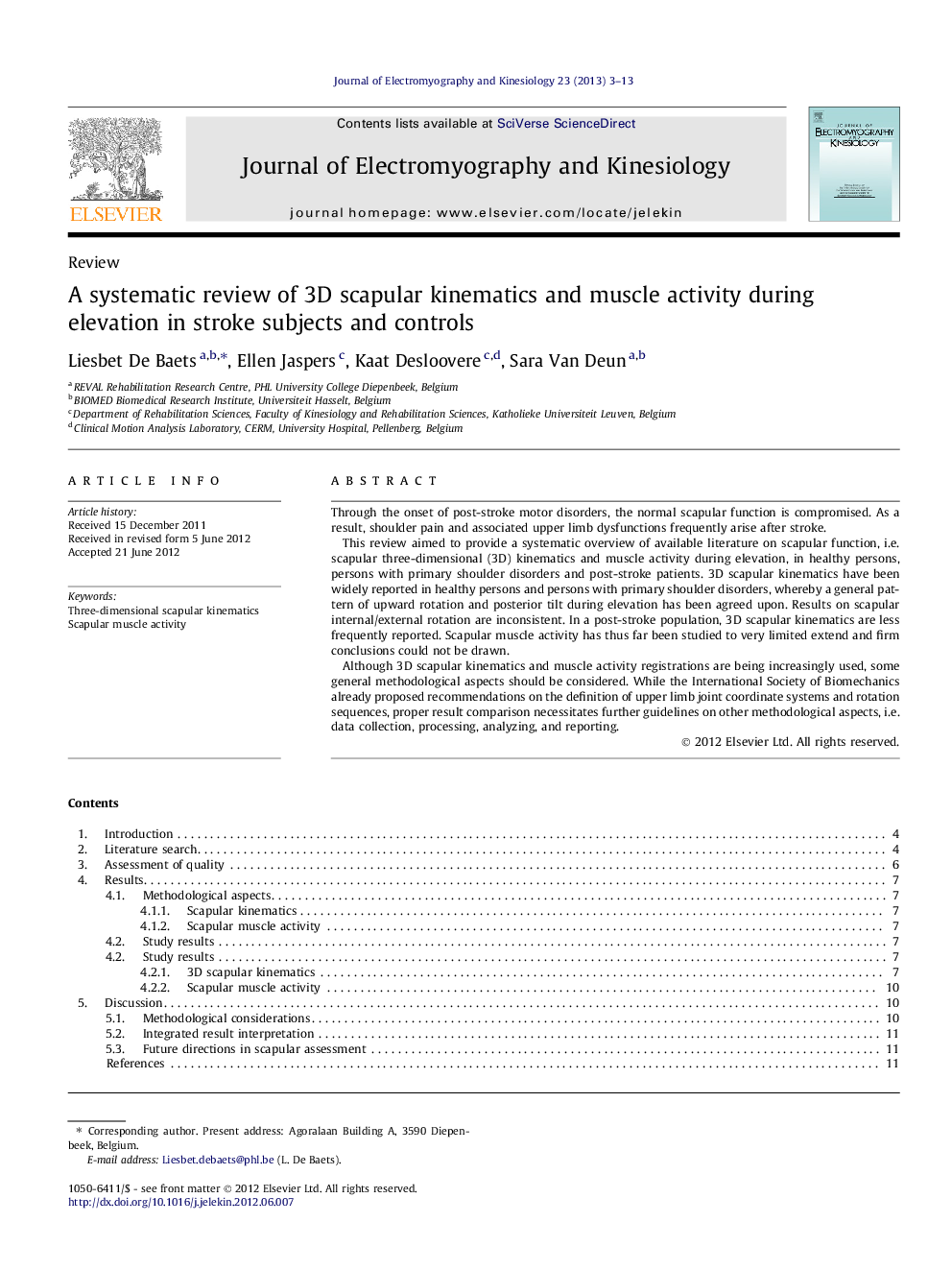 A systematic review of 3D scapular kinematics and muscle activity during elevation in stroke subjects and controls