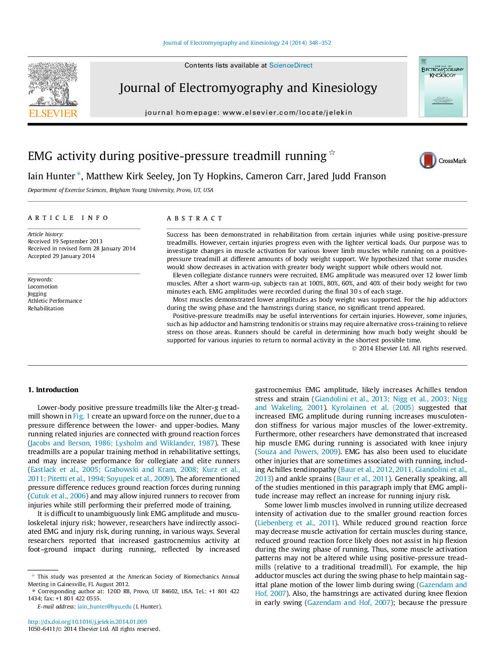 EMG activity during positive-pressure treadmill running