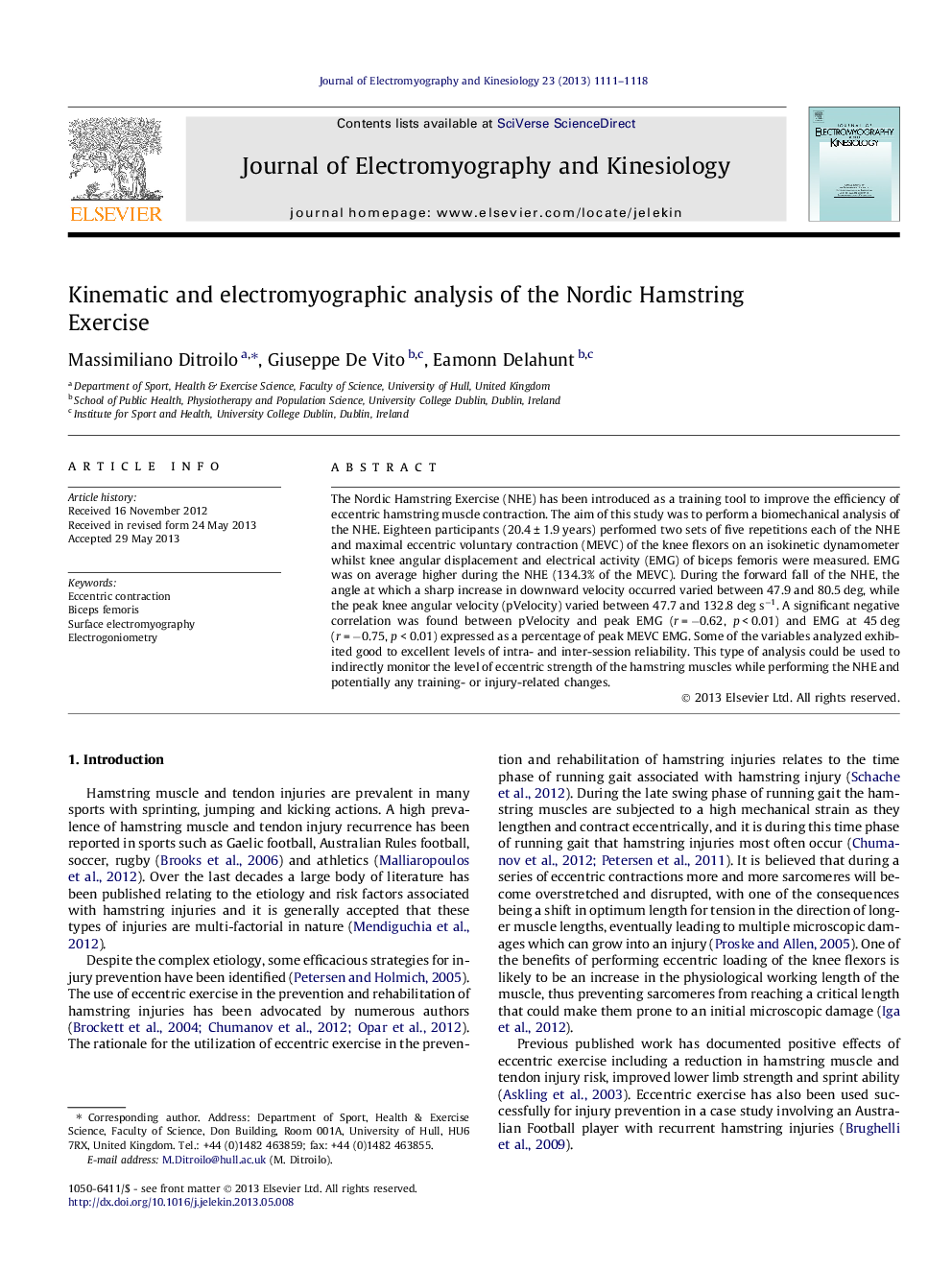 Kinematic and electromyographic analysis of the Nordic Hamstring Exercise