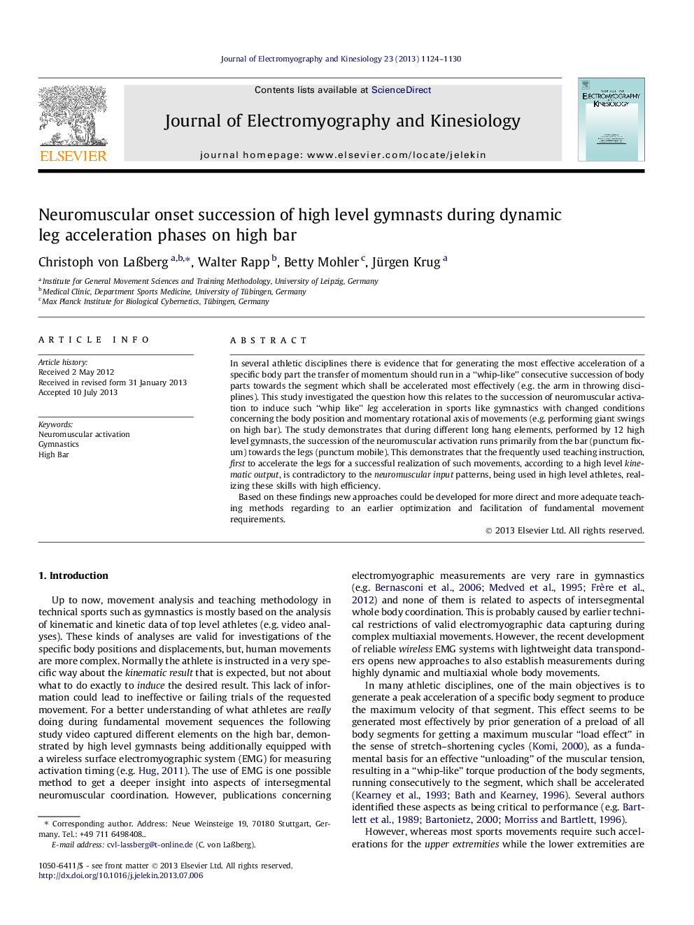 Neuromuscular onset succession of high level gymnasts during dynamic leg acceleration phases on high bar