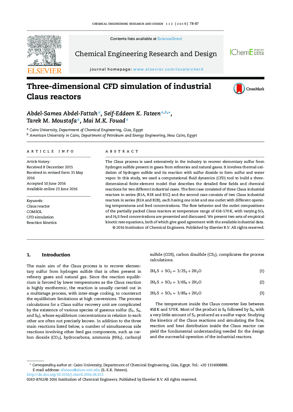 Three-dimensional CFD simulation of industrial Claus reactors