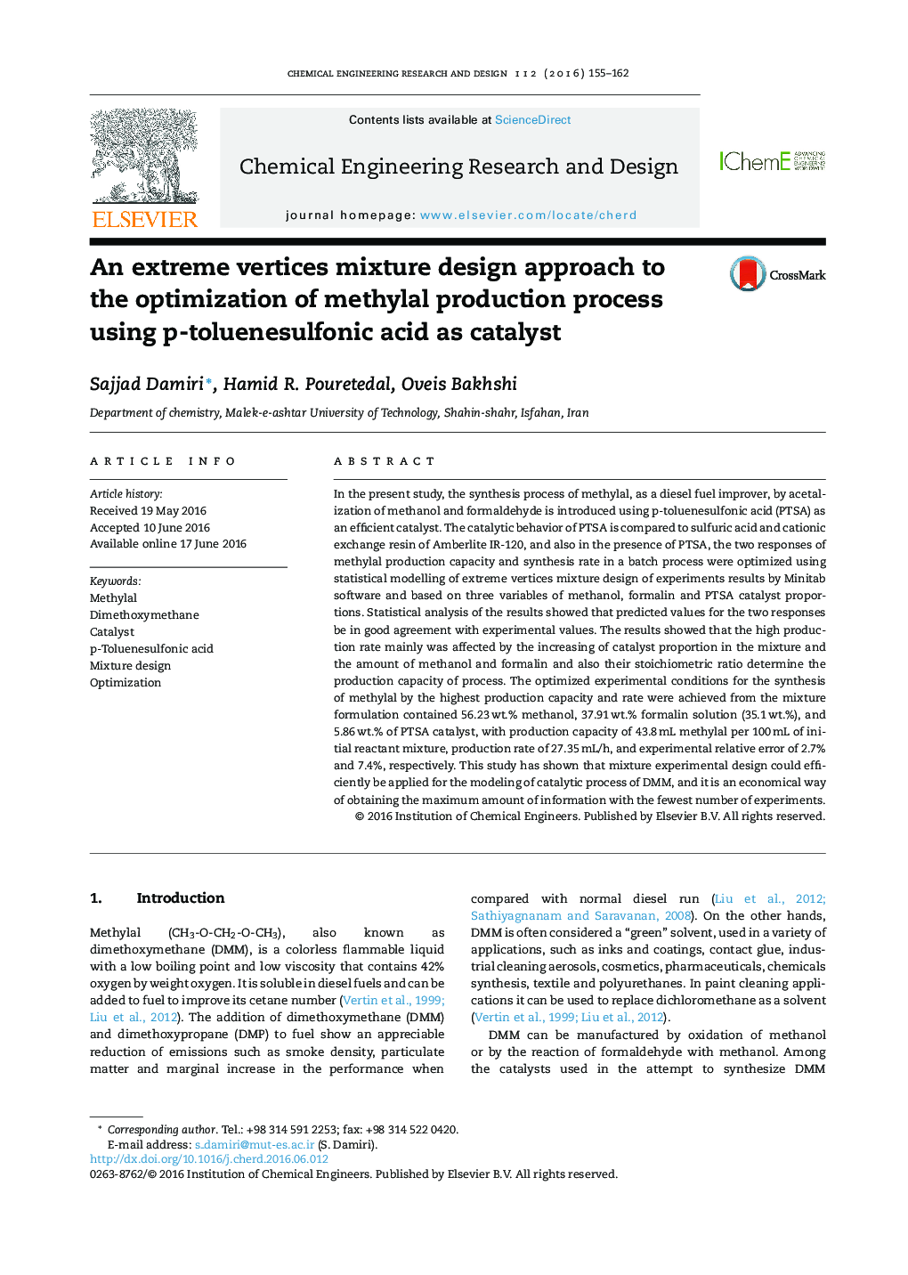 An extreme vertices mixture design approach to the optimization of methylal production process using p-toluenesulfonic acid as catalyst