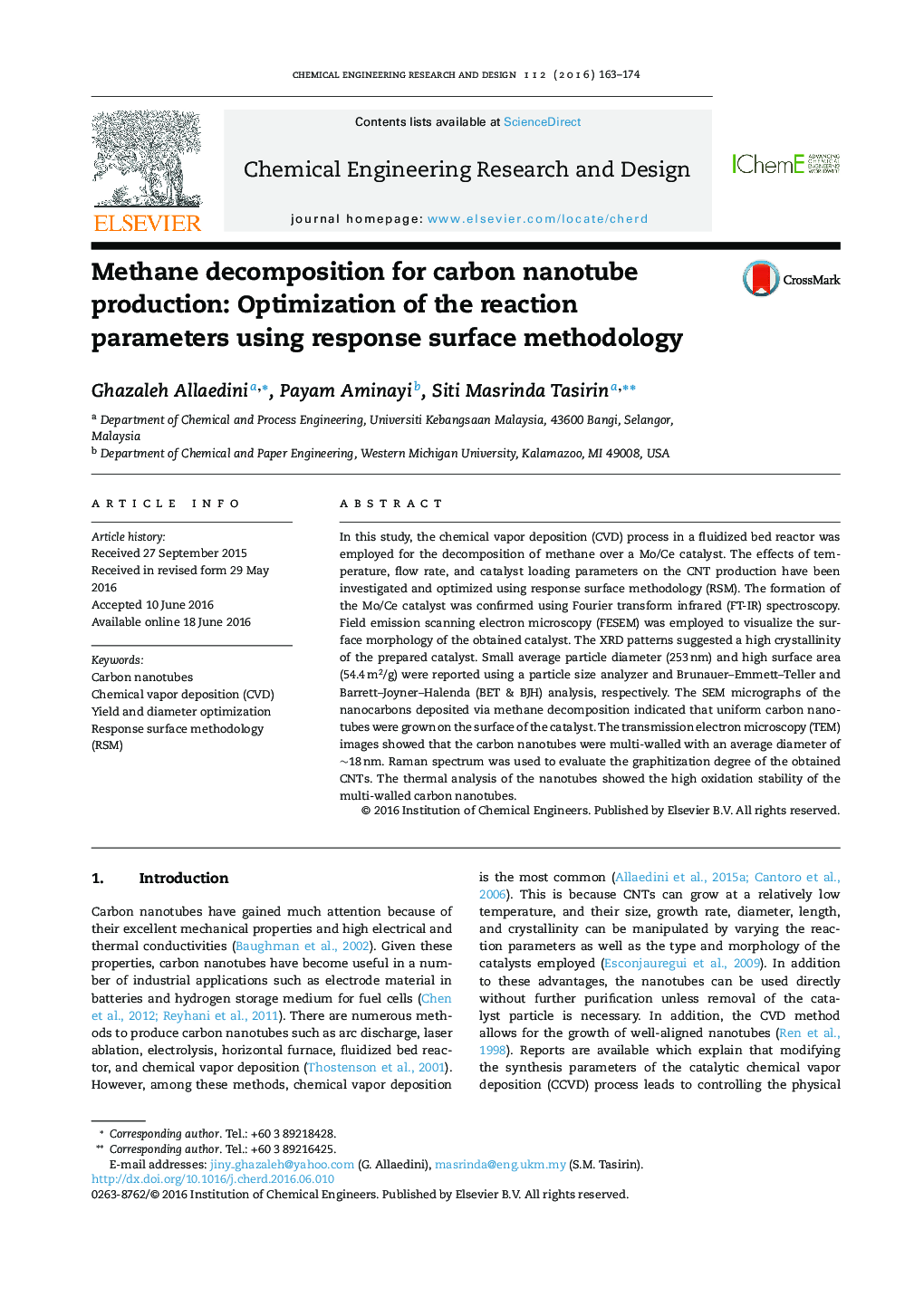 تجزیه متان برای تولید نانولوله های کربنی: بهینه سازی پارامترهای واکنش با استفاده از روش‌شناسی سطح واکنش
