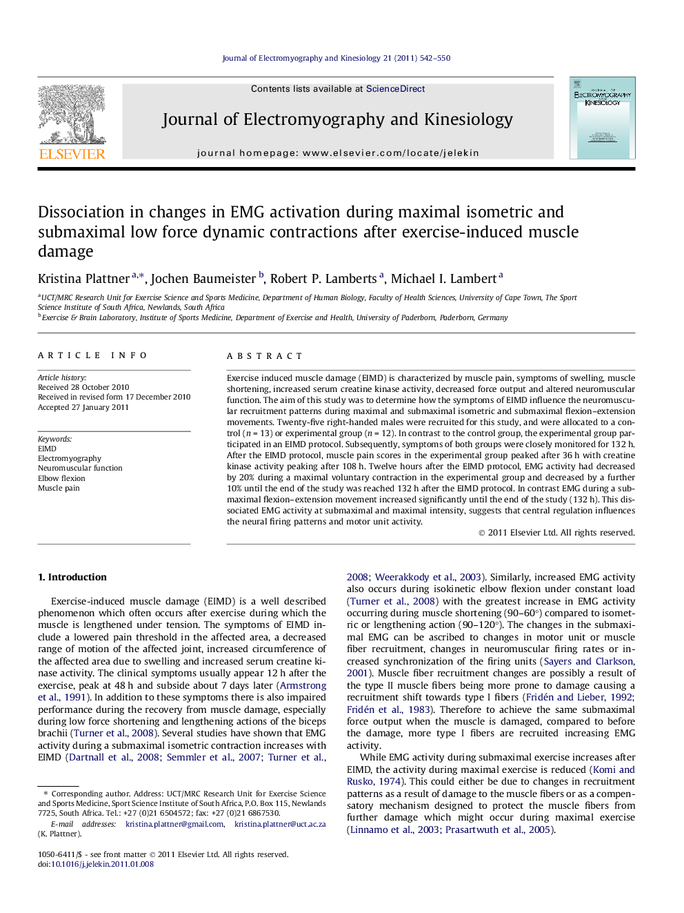 Dissociation in changes in EMG activation during maximal isometric and submaximal low force dynamic contractions after exercise-induced muscle damage