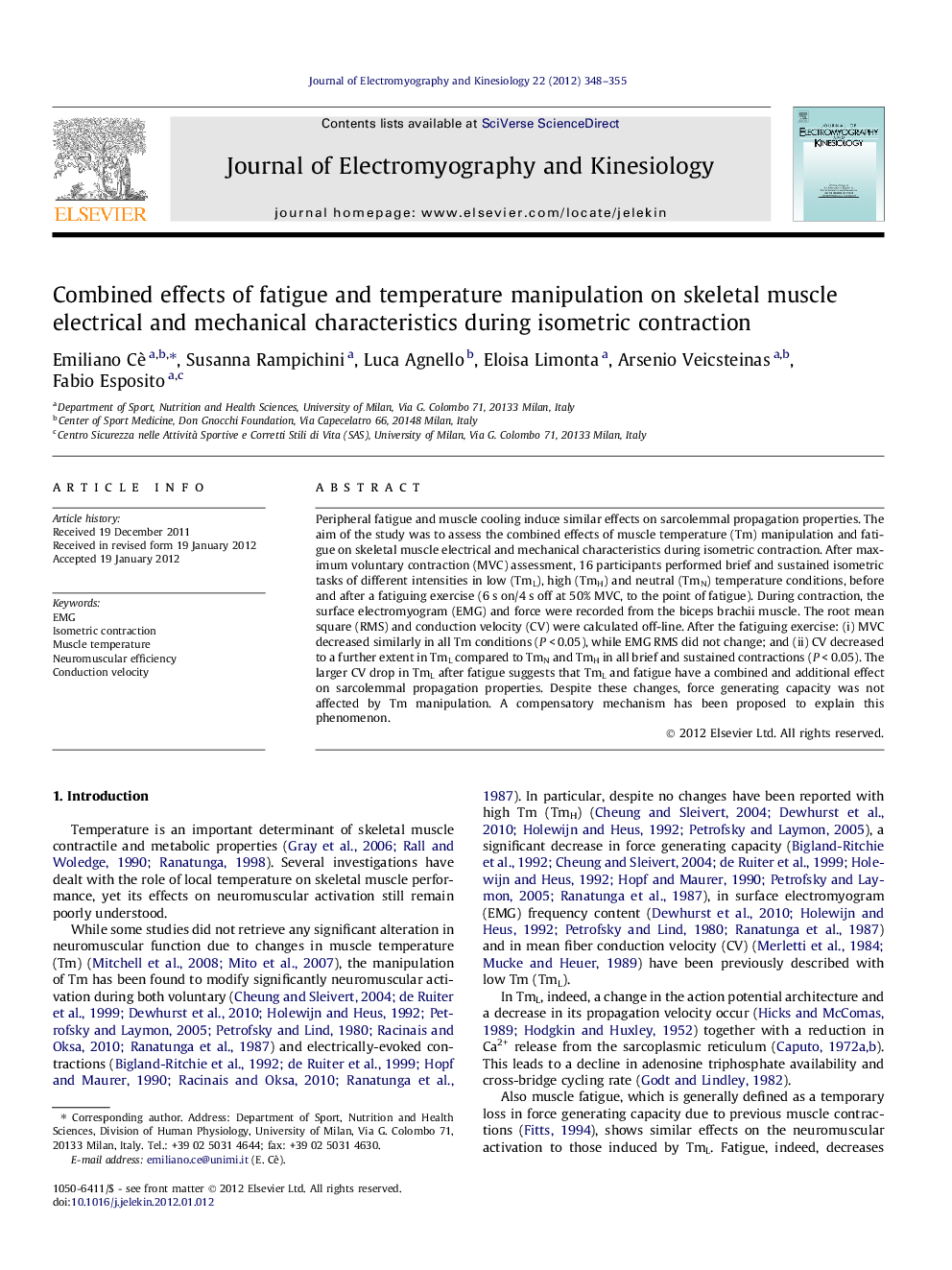 Combined effects of fatigue and temperature manipulation on skeletal muscle electrical and mechanical characteristics during isometric contraction