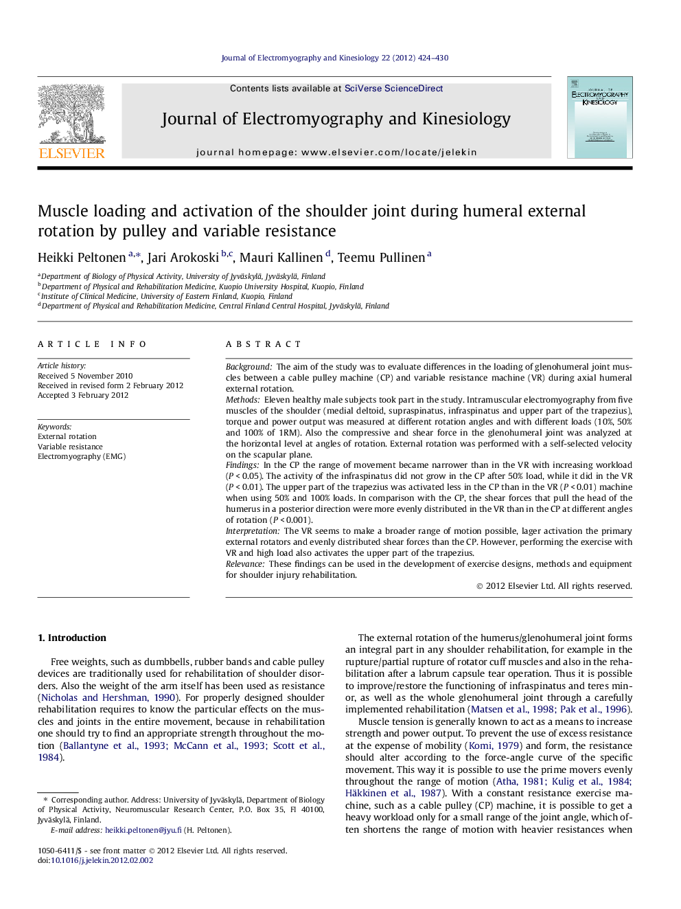 Muscle loading and activation of the shoulder joint during humeral external rotation by pulley and variable resistance