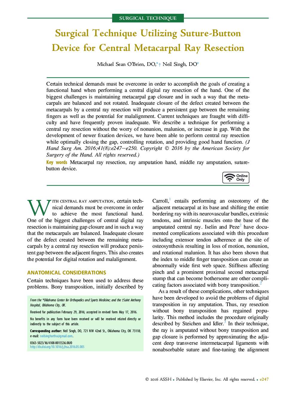 Surgical Technique Utilizing Suture-Button Device for Central Metacarpal Ray Resection