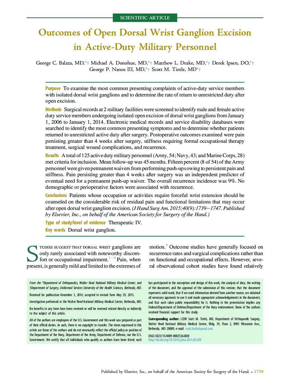 Outcomes of Open Dorsal Wrist Ganglion Excision in Active-Duty Military Personnel