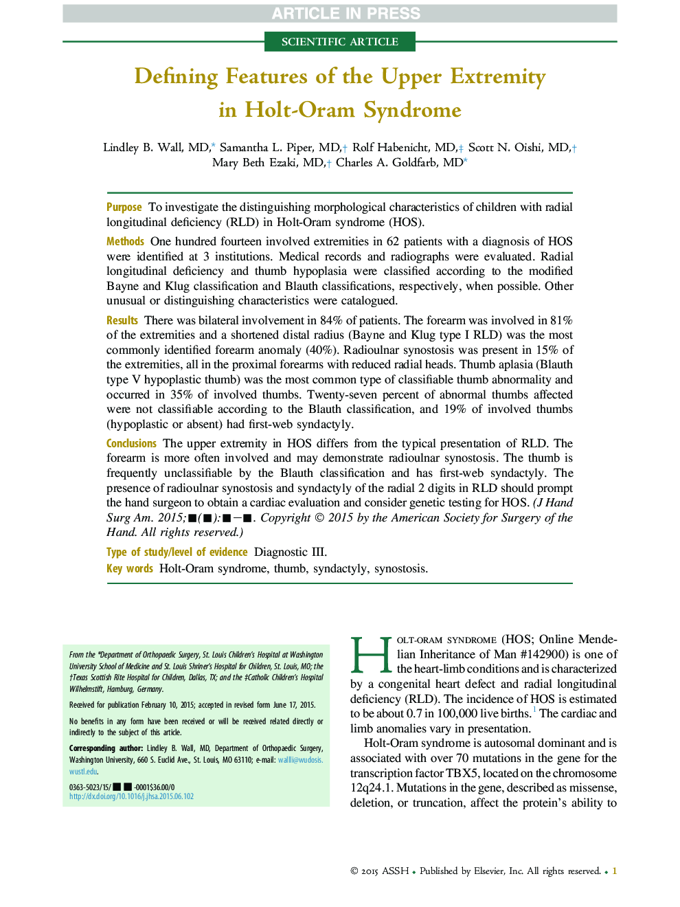 Defining Features of the Upper Extremity in Holt-Oram Syndrome