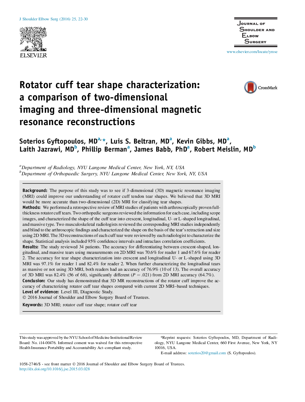 Rotator cuff tear shape characterization: a comparison of two-dimensional imaging and three-dimensional magnetic resonance reconstructions