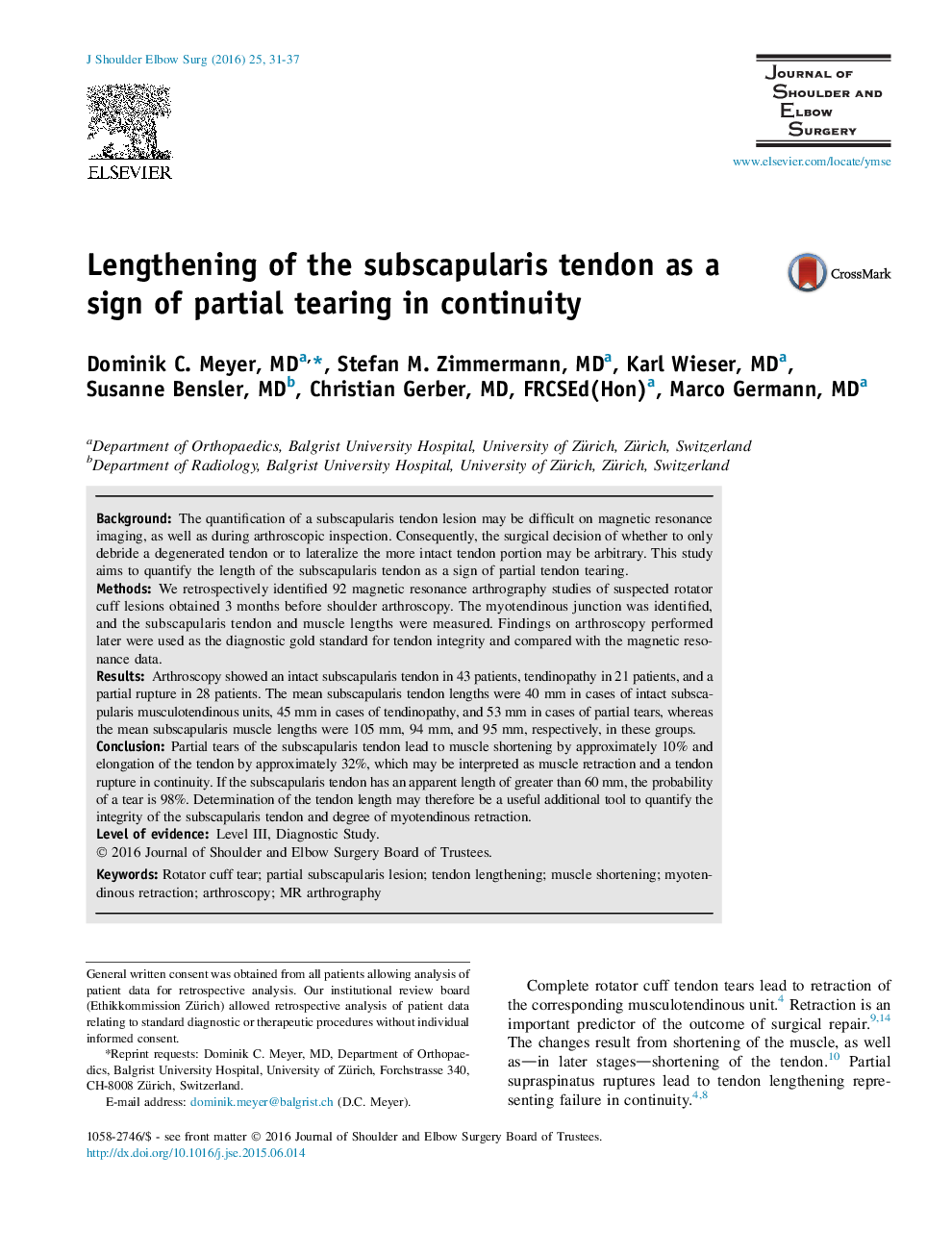 Lengthening of the subscapularis tendon as a sign of partial tearing in continuity