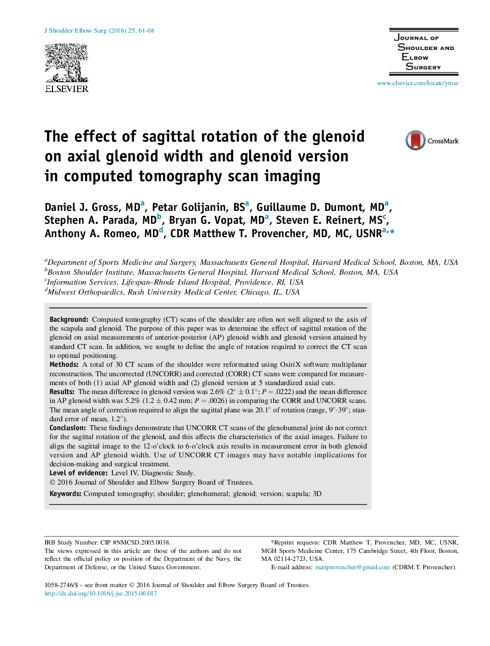 The effect of sagittal rotation of the glenoid onÂ axial glenoid width and glenoid version inÂ computed tomography scan imaging