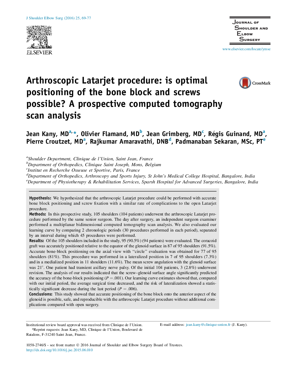 Arthroscopic Latarjet procedure: is optimal positioning of the bone block and screws possible? A prospective computed tomography scan analysis