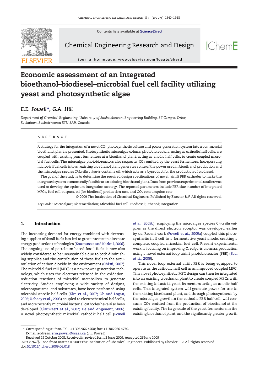 Economic assessment of an integrated bioethanol–biodiesel–microbial fuel cell facility utilizing yeast and photosynthetic algae