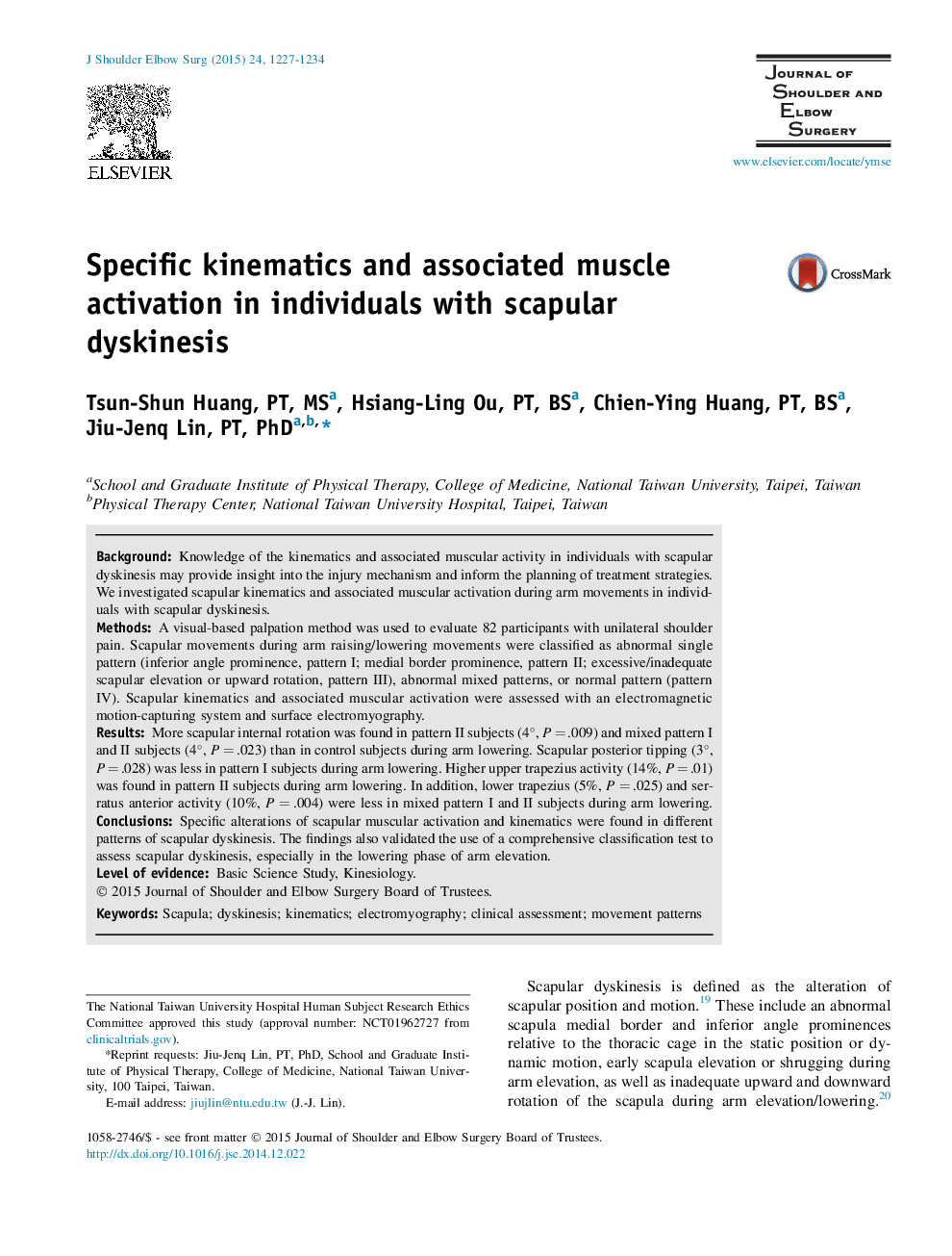 Specific kinematics and associated muscle activation in individuals with scapular dyskinesis