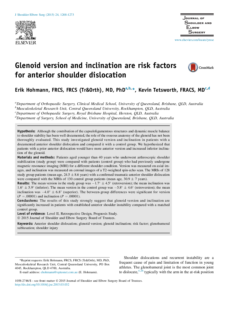 Glenoid version and inclination are risk factors for anterior shoulder dislocation