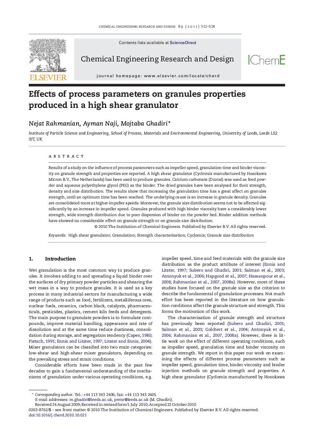 Effects of process parameters on granules properties produced in a high shear granulator