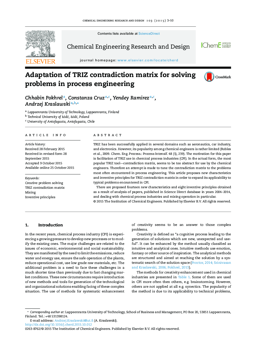 Adaptation of TRIZ contradiction matrix for solving problems in process engineering