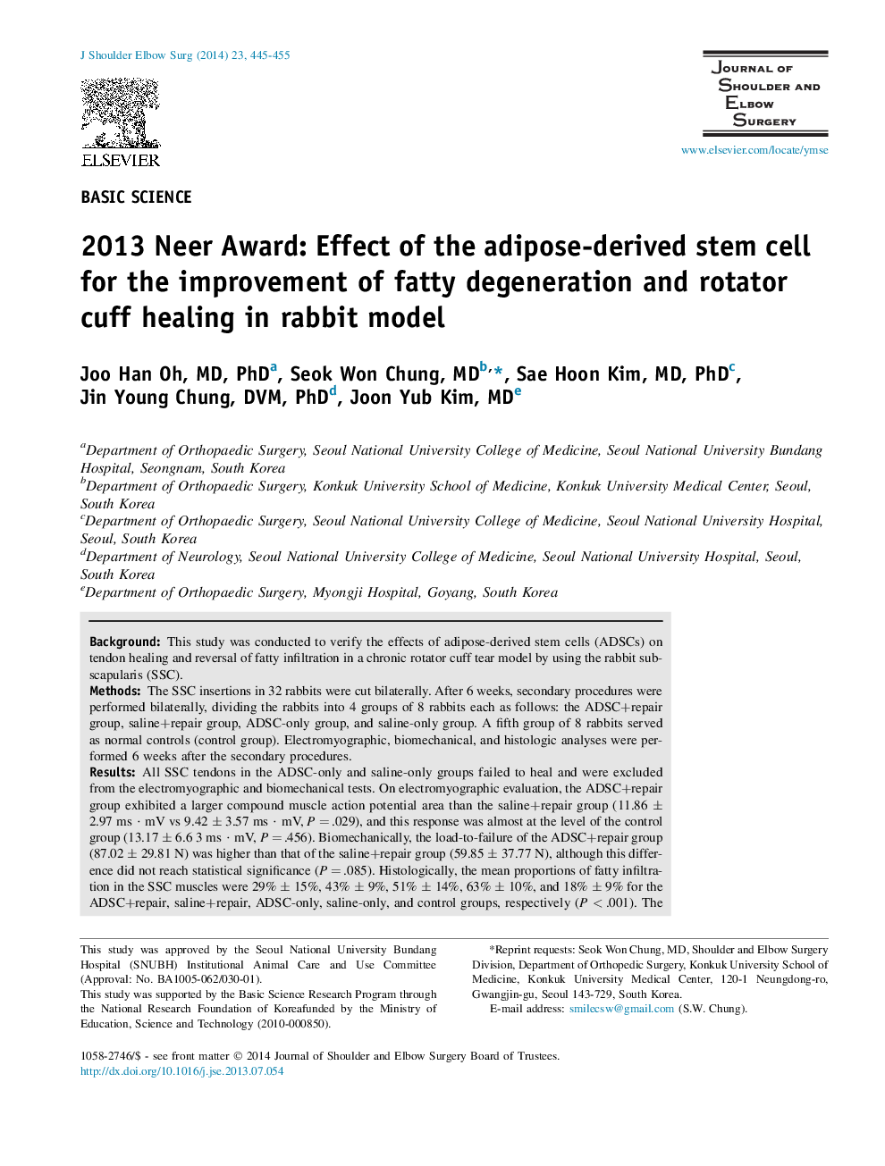 2013 Neer Award: Effect of the adipose-derived stem cell for the improvement of fatty degeneration and rotator cuff healing in rabbit model